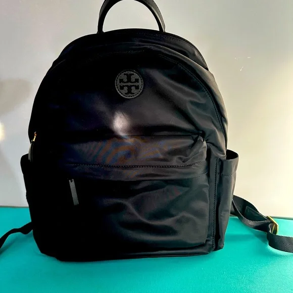 {Tory Burch} Ella NyLon Backpack With Adjustable Straps - Gold Leather Zipper Tory Burch Ella Nylon Black Backpack Gold Accents  main image 2